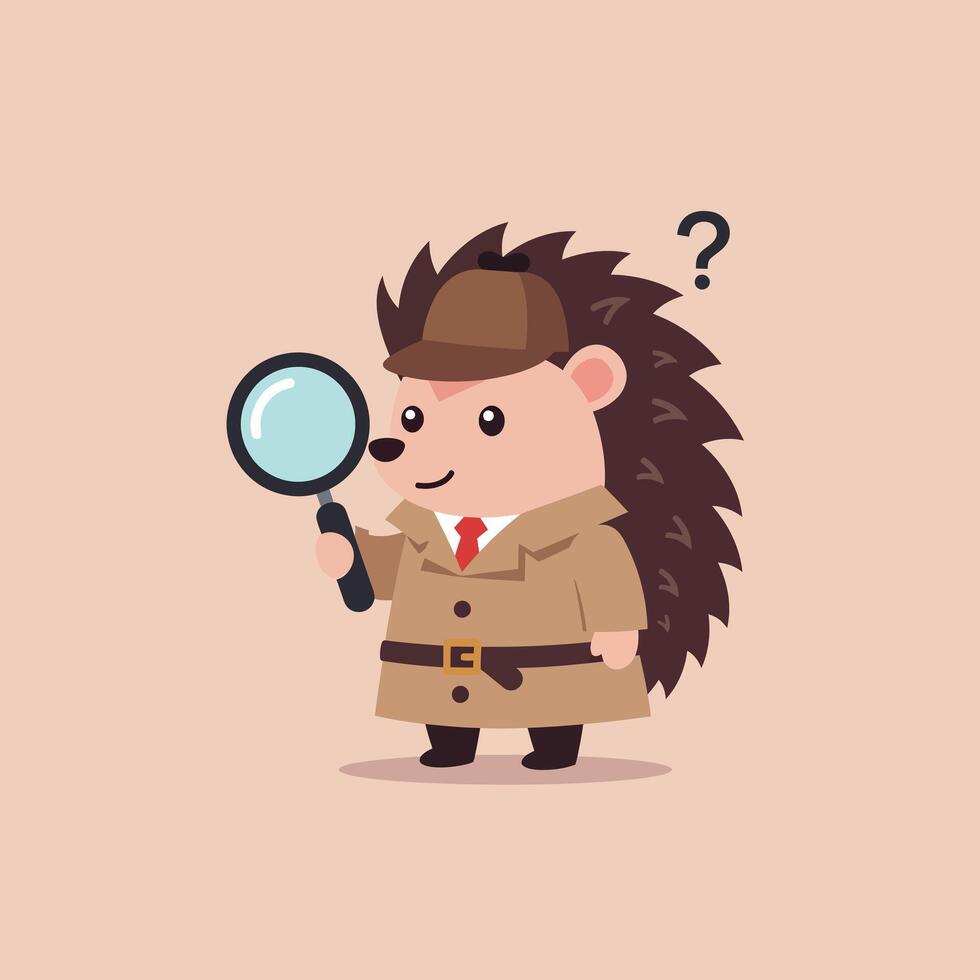 Adorable detective hedgehog character in a beige trench coat with magnifying glass art vector