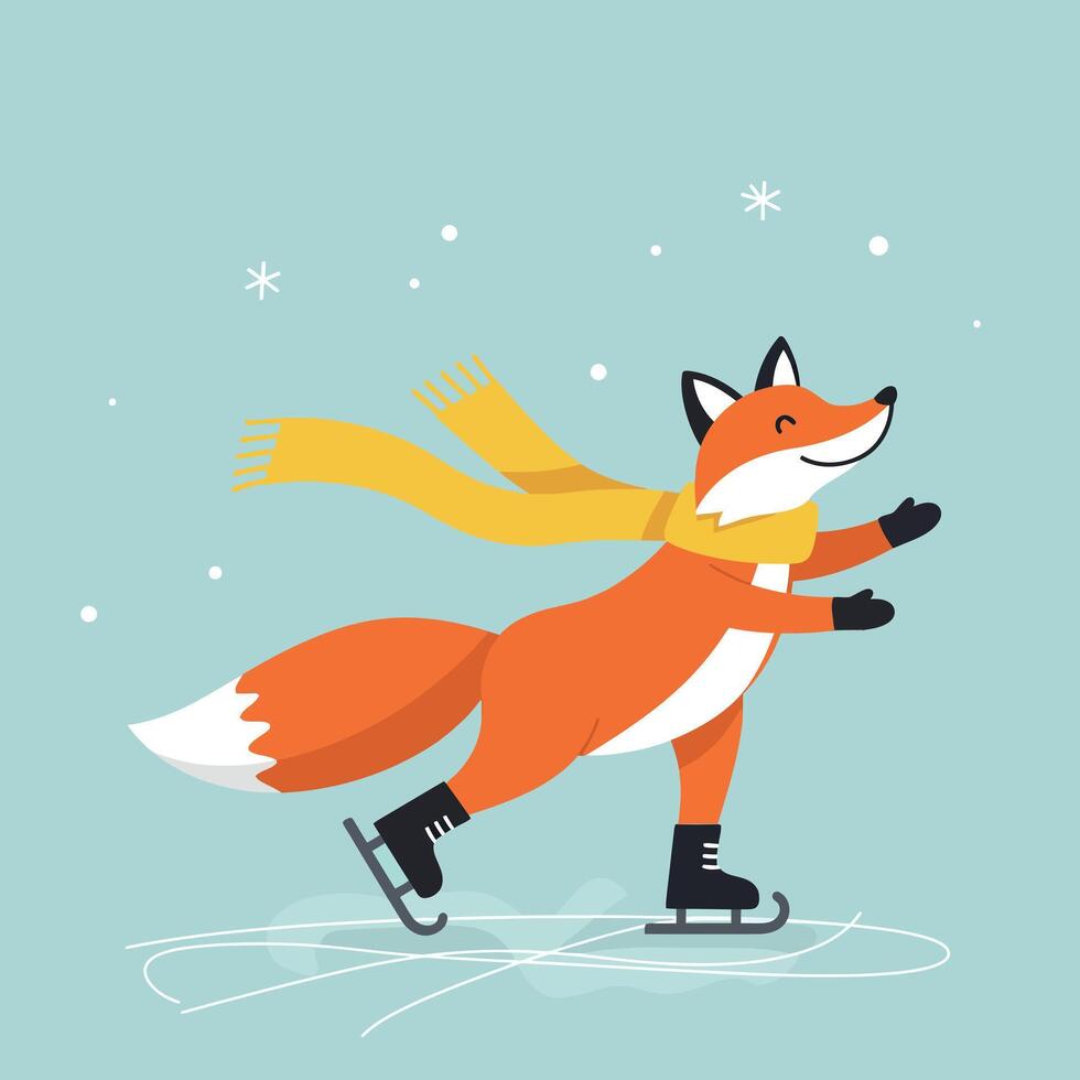 Cheerful fox wearing a scarf ice skating in a winter wonderland flat illustration vector