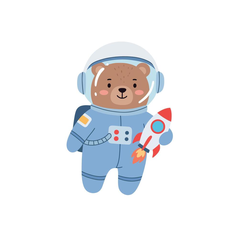 Cute bear astronaut in a blue spacesuit holding a red rocket, minimal illustration vector