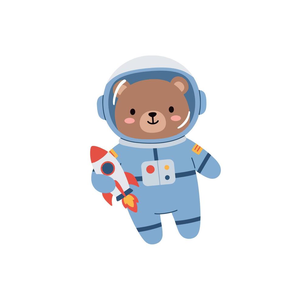 Cute bear in a blue astronaut suit holding a toy rocket in flat art vector