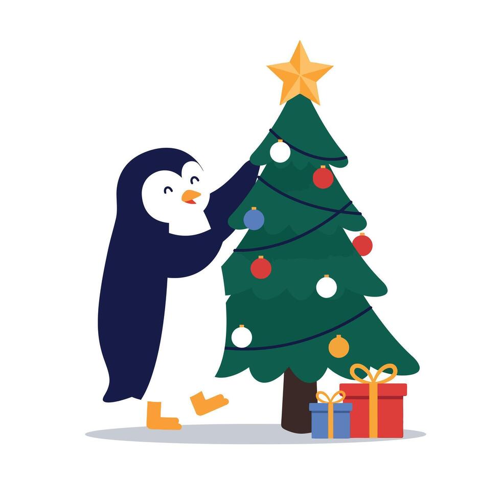 Happy penguin decorating a Christmas tree in a cheerful flat illustration vector