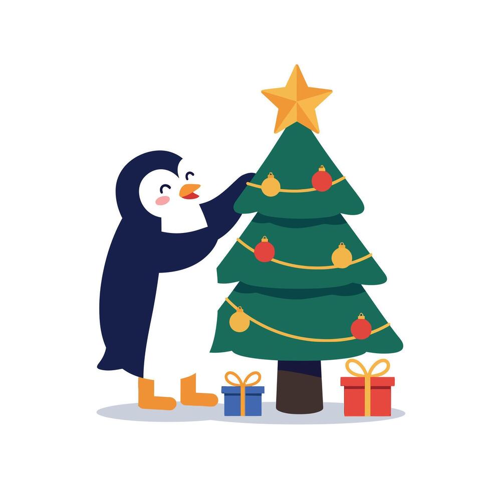 Cute penguin decorating a colorful Christmas tree in a flat illustration vector