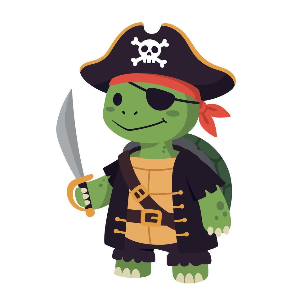 Cartoon pirate turtle character in flat design style with sword and eye patch art vector