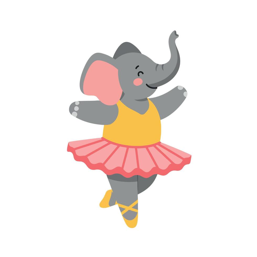 Cute elephant in a yellow tutu performing ballet dance in a flat illustration vector