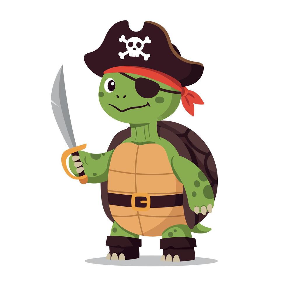 Pirate turtle character wearing a hat and eye patch, minimal illustration vector