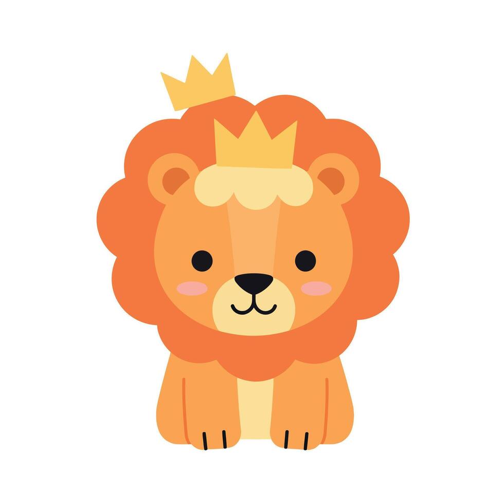 Adorable cartoon lion wearing a crown in a flat design style art vector