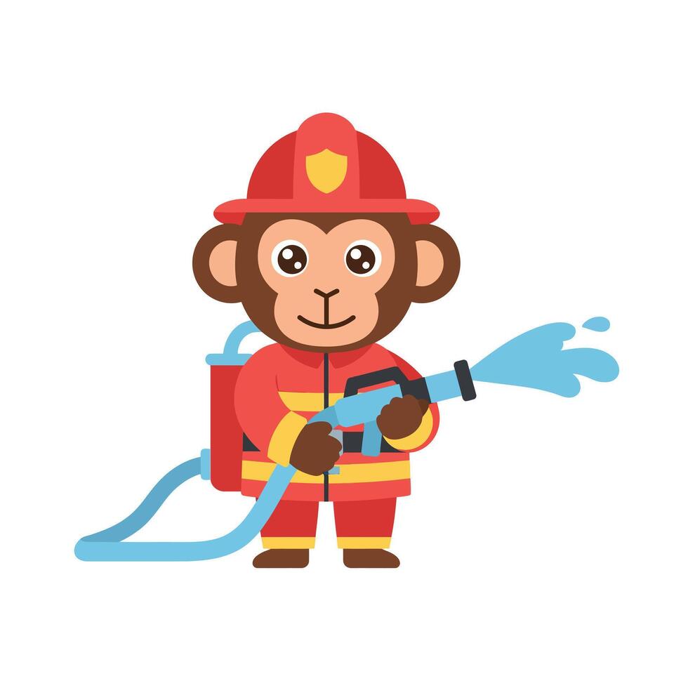 A cute monkey dressed as a firefighter spraying water with a hose in flat art vector