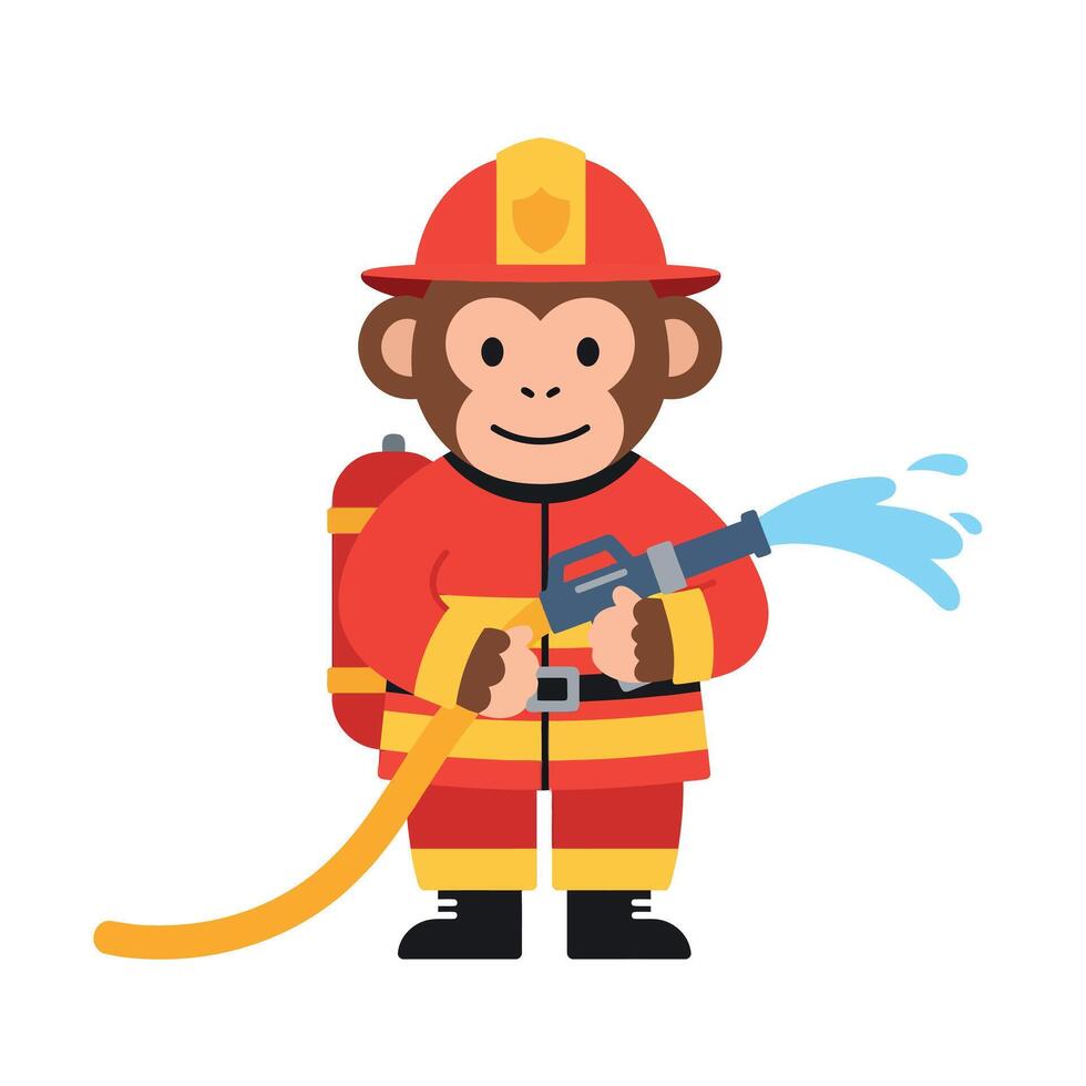 Playful monkey dressed as a firefighter spraying water in flat art vector