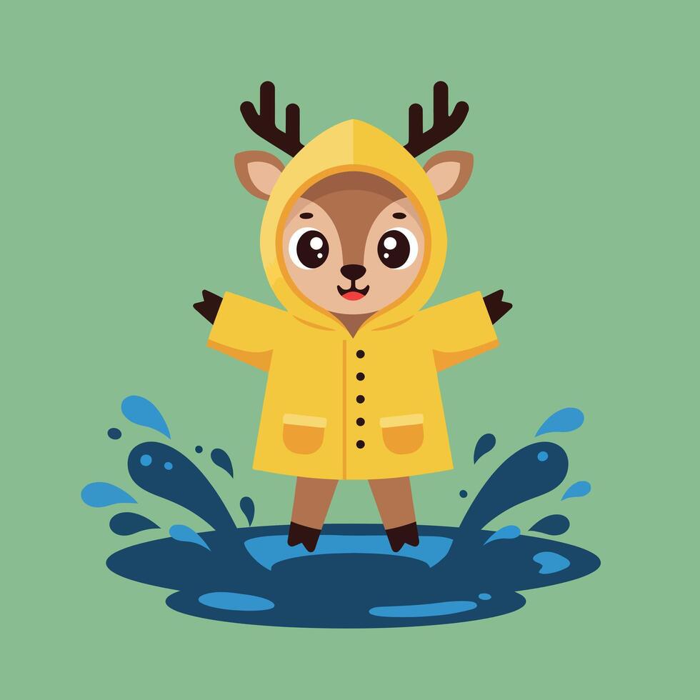 Cute deer wearing a yellow raincoat joyfully splashing in puddles, flat art vector