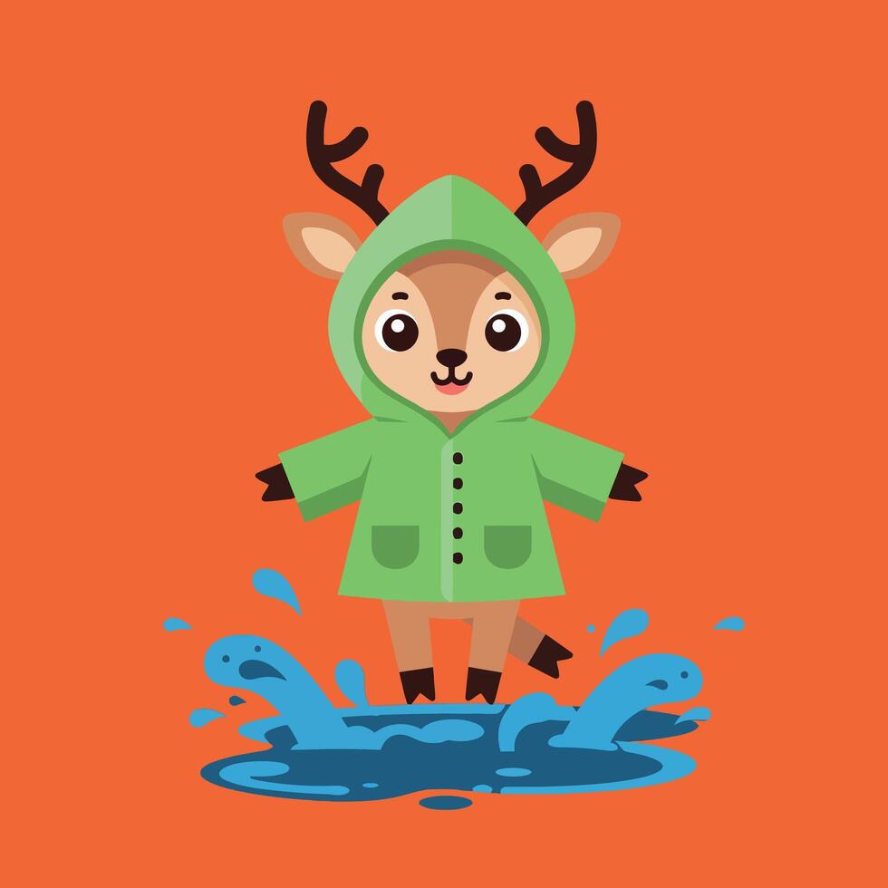 Cute cartoon deer wearing a green raincoat splashing in a puddle, flat art vector