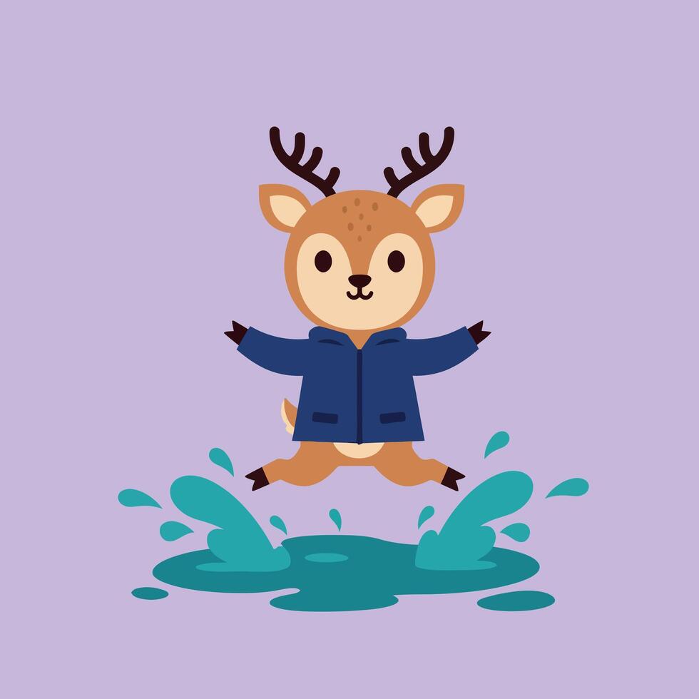 Cute deer wearing a blue jacket joyfully jumping in water splashes, flat art vector