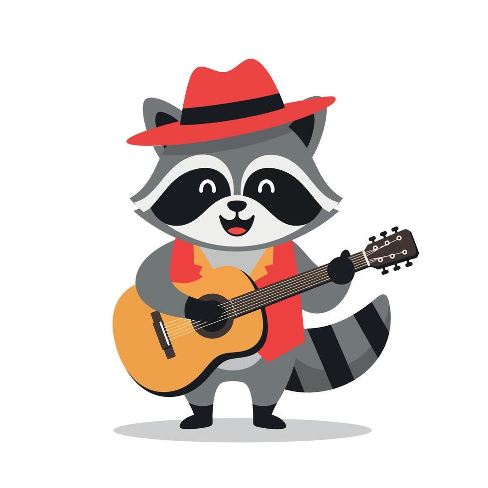 Raccoon character playing guitar in a vibrant and cheerful flat illustration vector