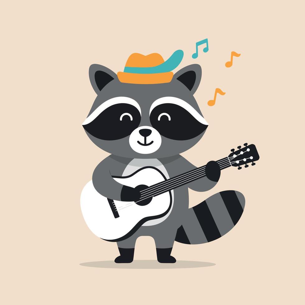 A cheerful raccoon playing guitar in a flat minimal style illustration vector