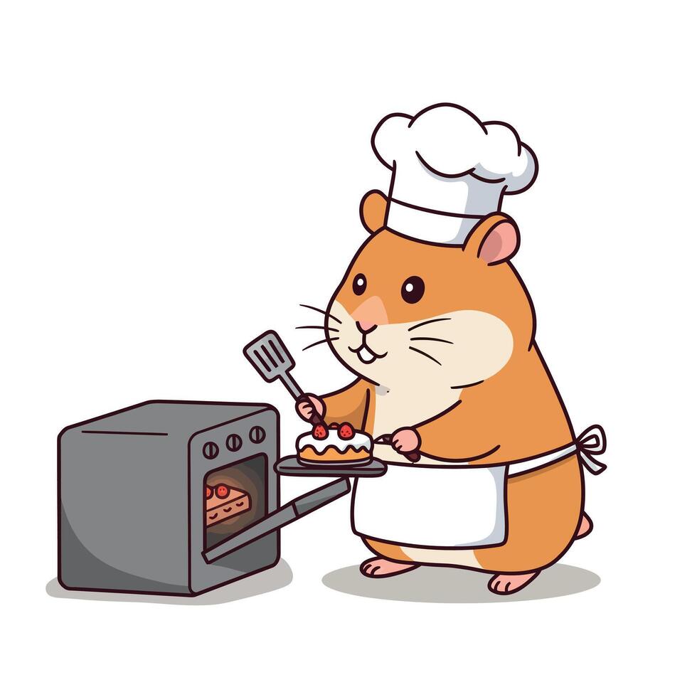 A cheerful hamster chef wearing a white hat and apron baking a cake in a flat illustration vector