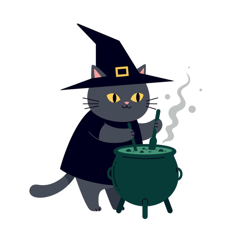 Black cat wearing a witch hat stirring a cauldron in flat art vector