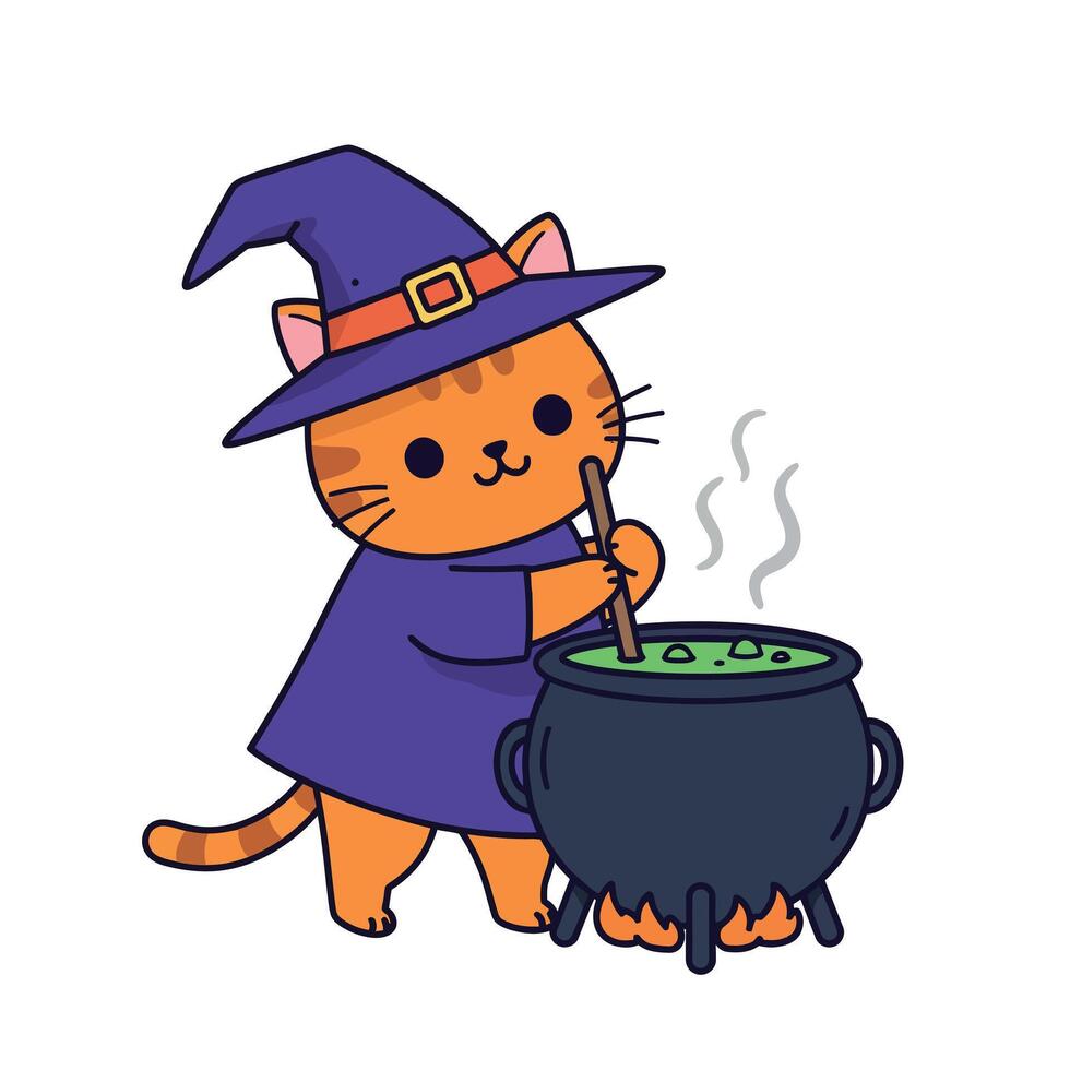 Orange cat wearing a witch hat stirring a bubbling cauldron in a whimsical flat art vector
