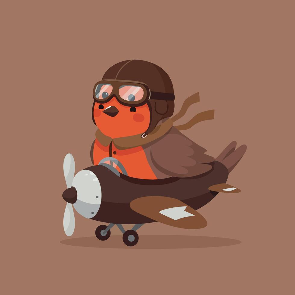 A cheerful bird wearing goggles flying a vintage airplane in flat art vector