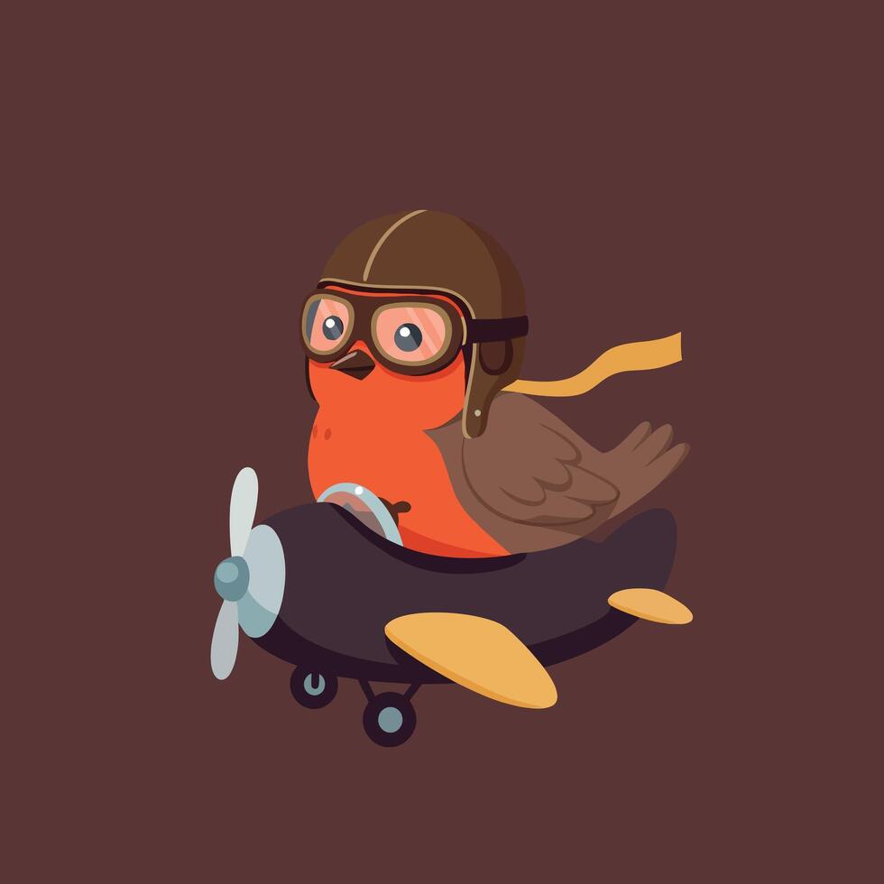 A charming bird wearing goggles flying a small airplane in a playful flat illustration vector