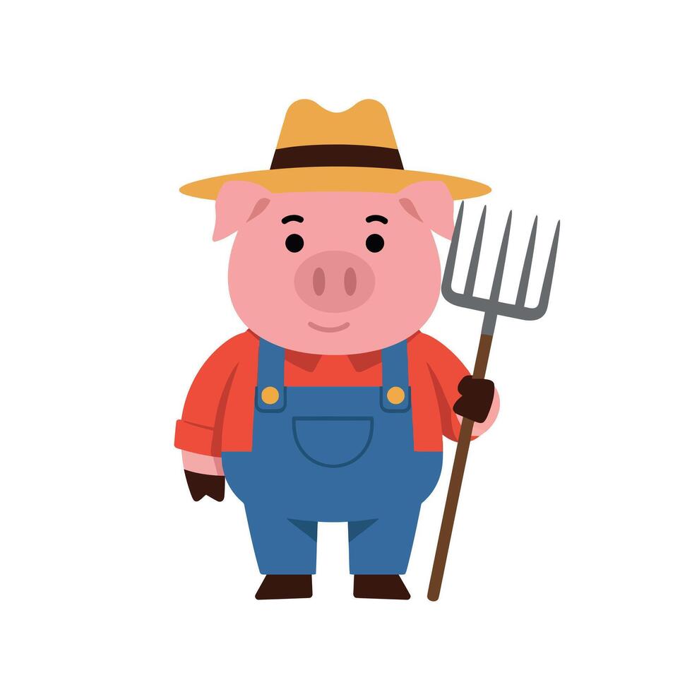 A cheerful cartoon pig wearing overalls and a straw hat holding a pitchfork in a flat illustration vector