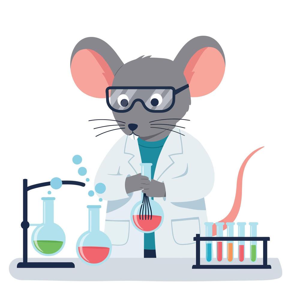 Scientist mouse in a lab coat conducting experiments in a flat illustration vector