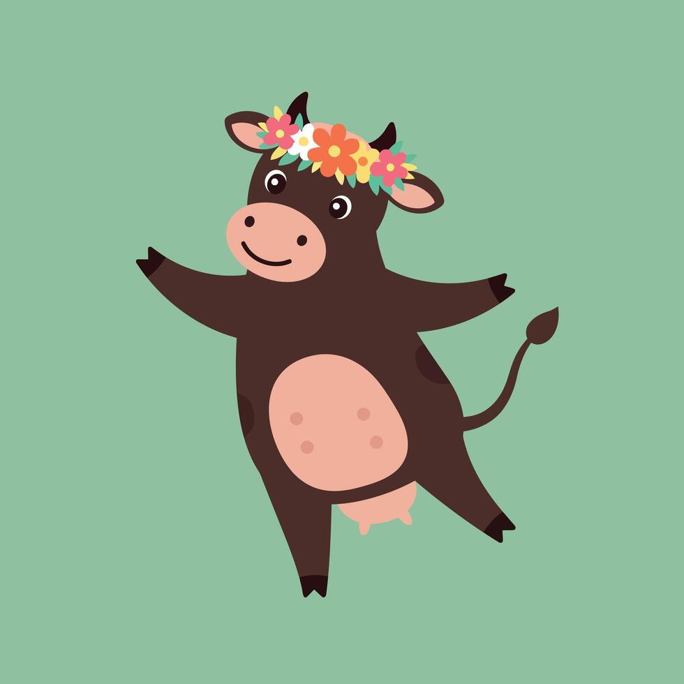 Happy brown cow with a flower crown dancing joyfully in a flat illustration vector