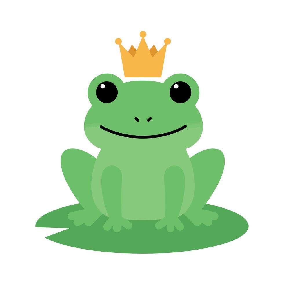 A charming green frog wearing a golden crown in a playful flat illustration vector