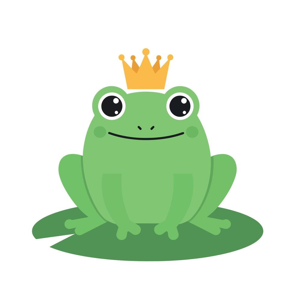 Green frog sitting on a lily pad wearing a crown in flat art vector