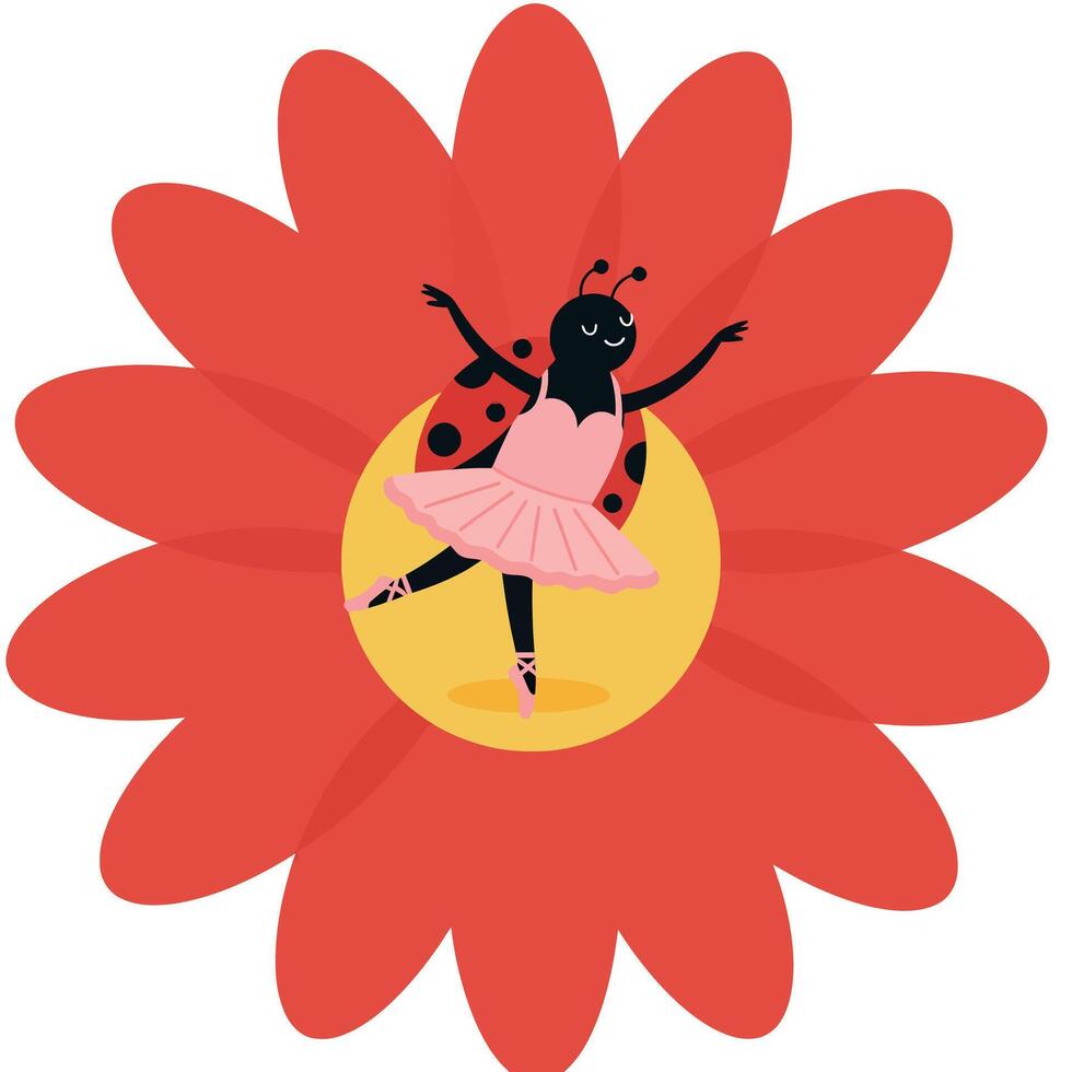 Ladybug ballerina dancing gracefully on a vibrant red flower in flat art vector