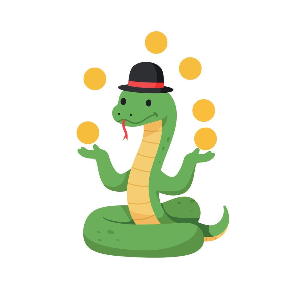 A playful green snake juggling golden coins in a whimsical flat illustration vector