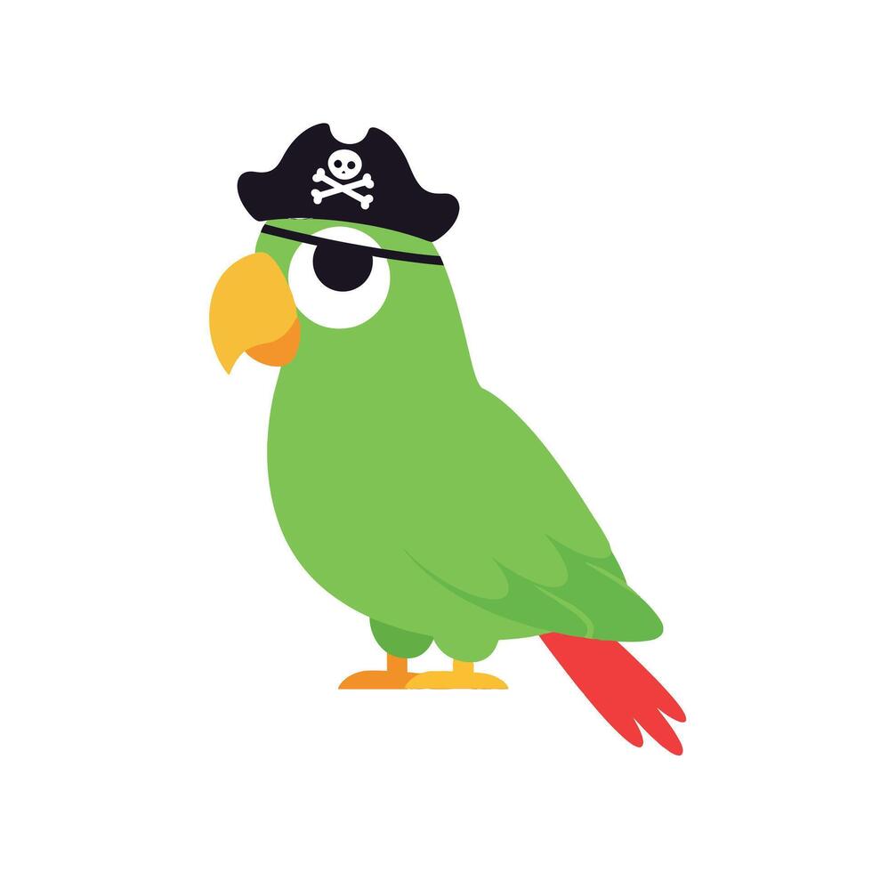 Green pirate parrot wearing a black hat and eye patch in flat art vector