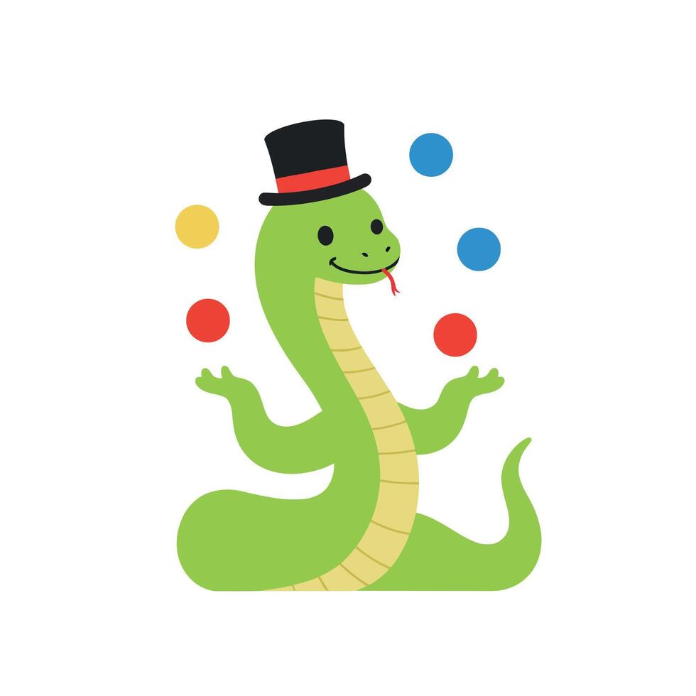 A playful green snake wearing a top hat juggling colorful balls in a whimsical flat illustration vector