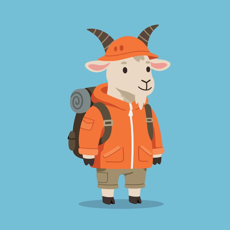 Cartoon goat wearing an orange jacket and hat with a backpack in flat art vector