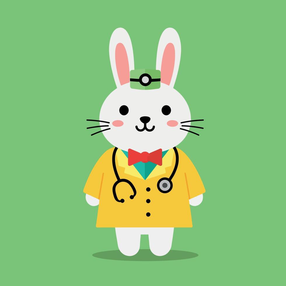 Cute cartoon rabbit doctor in a yellow coat with a stethoscope, flat illustration vector