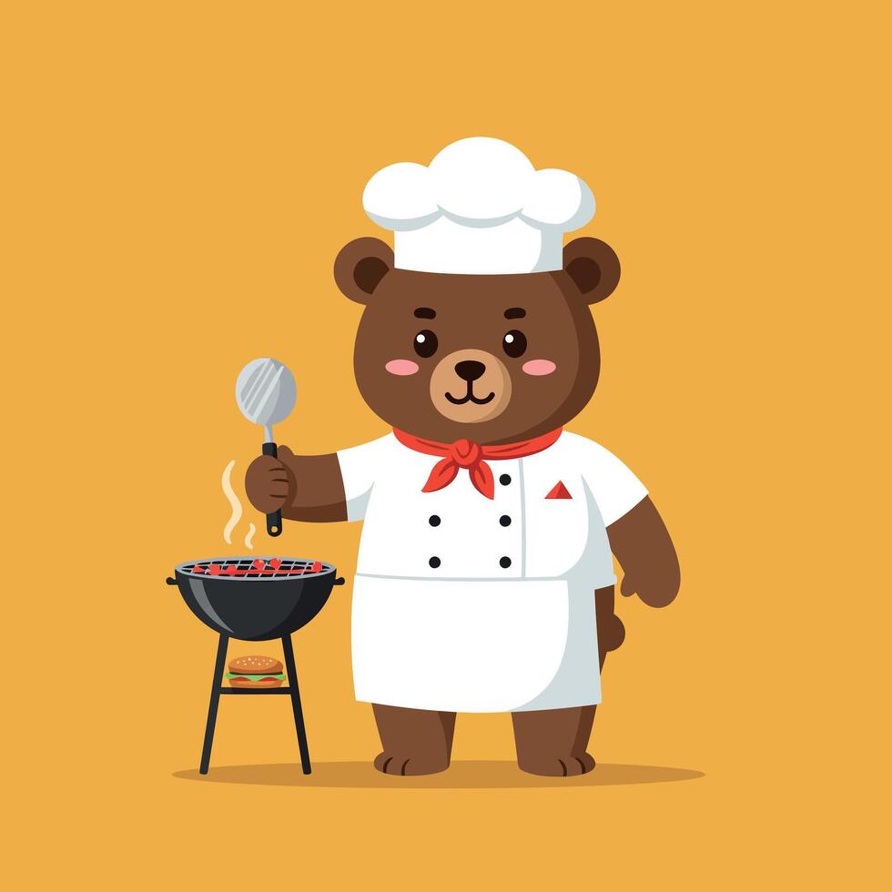 Bear chef in white uniform grilling on barbecue with a spatula in flat art vector