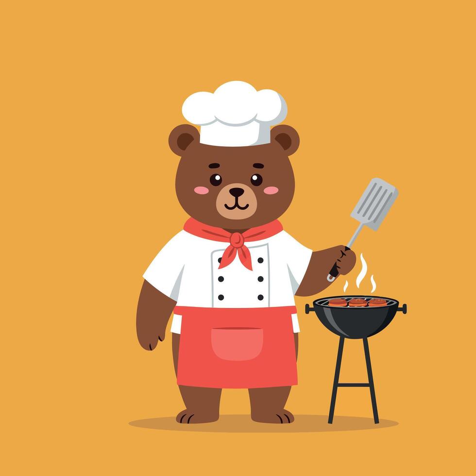 A cheerful bear chef grilling meat in a bright apron and hat, flat art vector