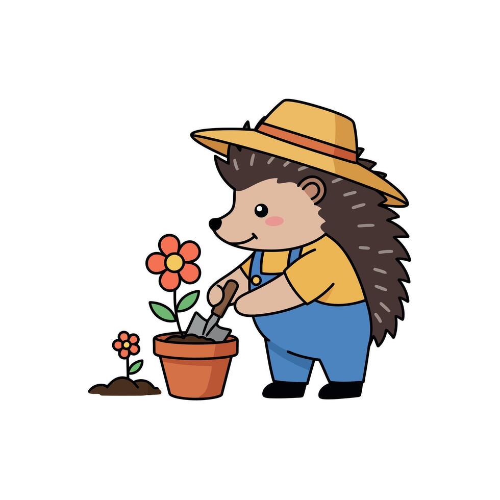 A cute hedgehog gardener wearing a straw hat planting flowers in a pot, flat art vector