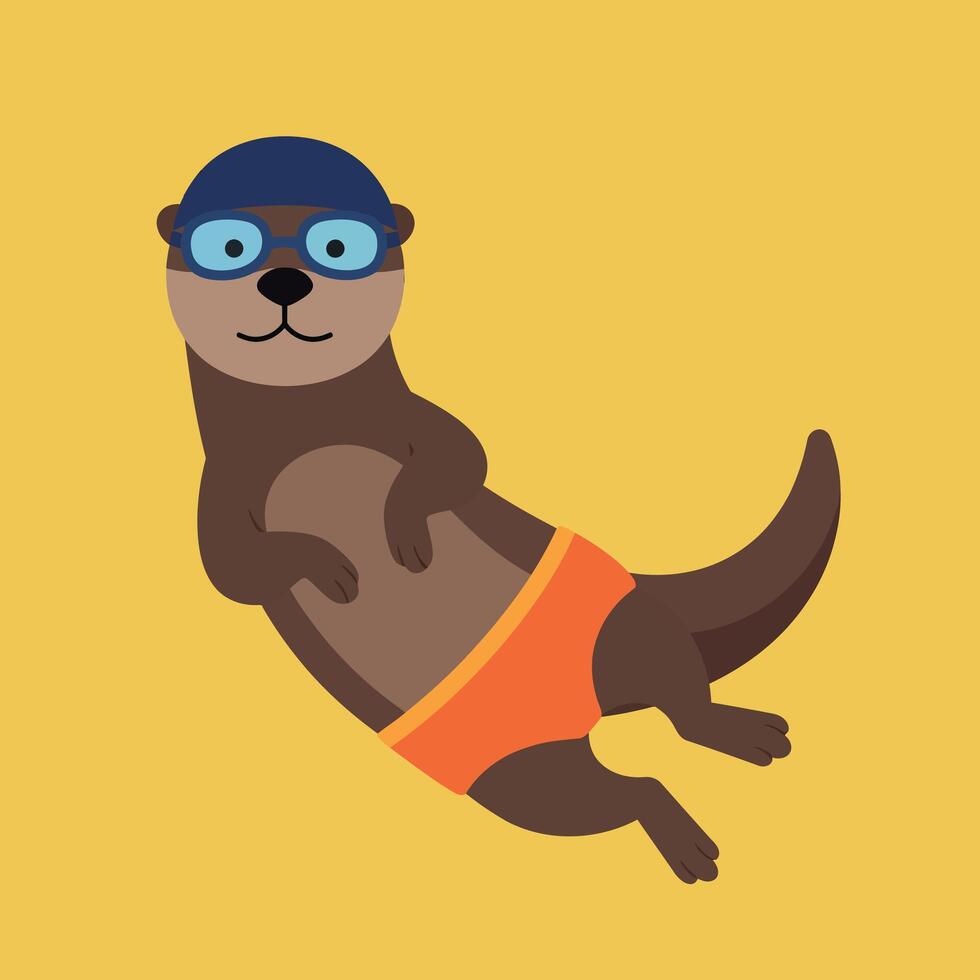 Playful otter wearing swimming goggles and orange shorts in a flat illustration vector