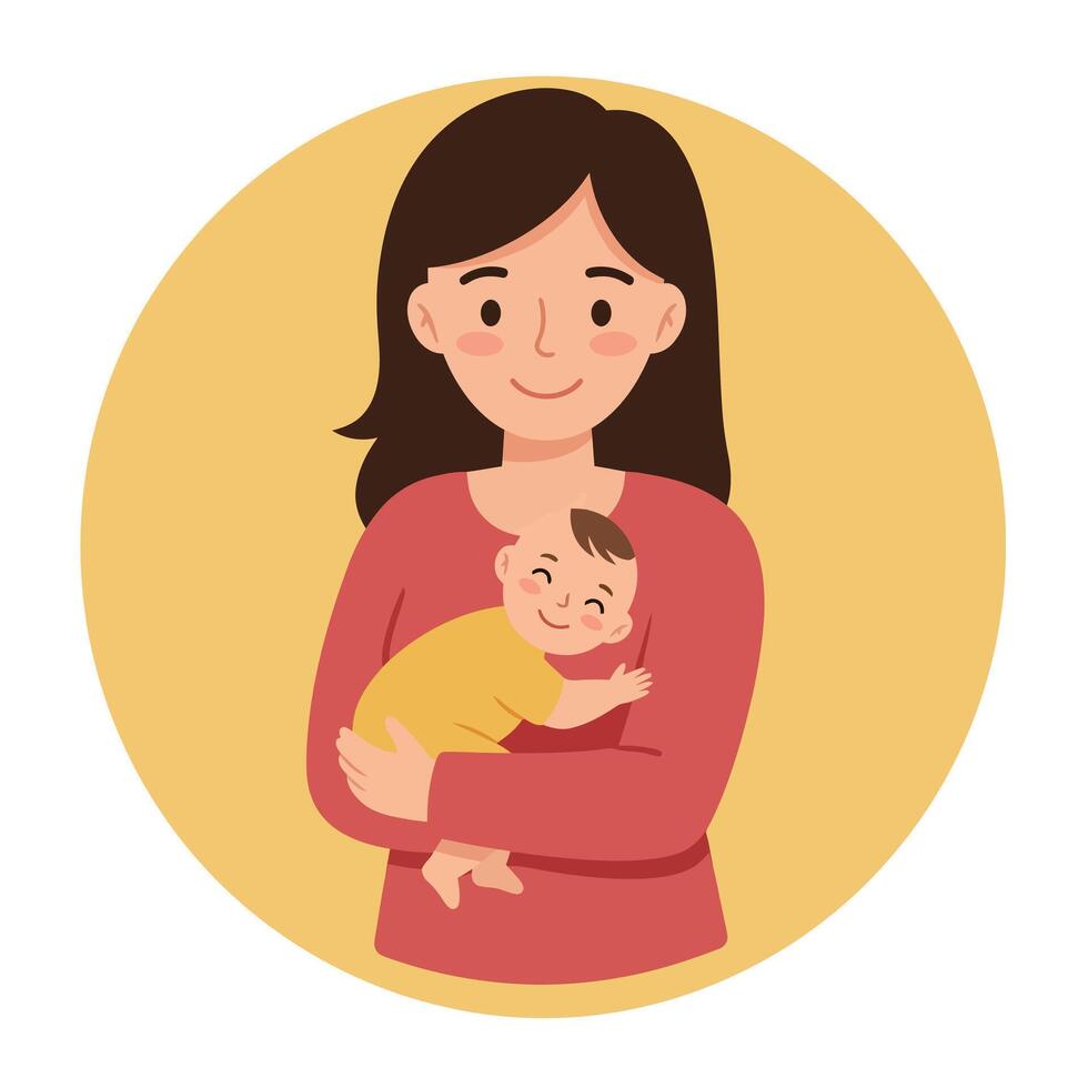 A mother lovingly cradling her smiling baby in a warm, minimal illustration vector