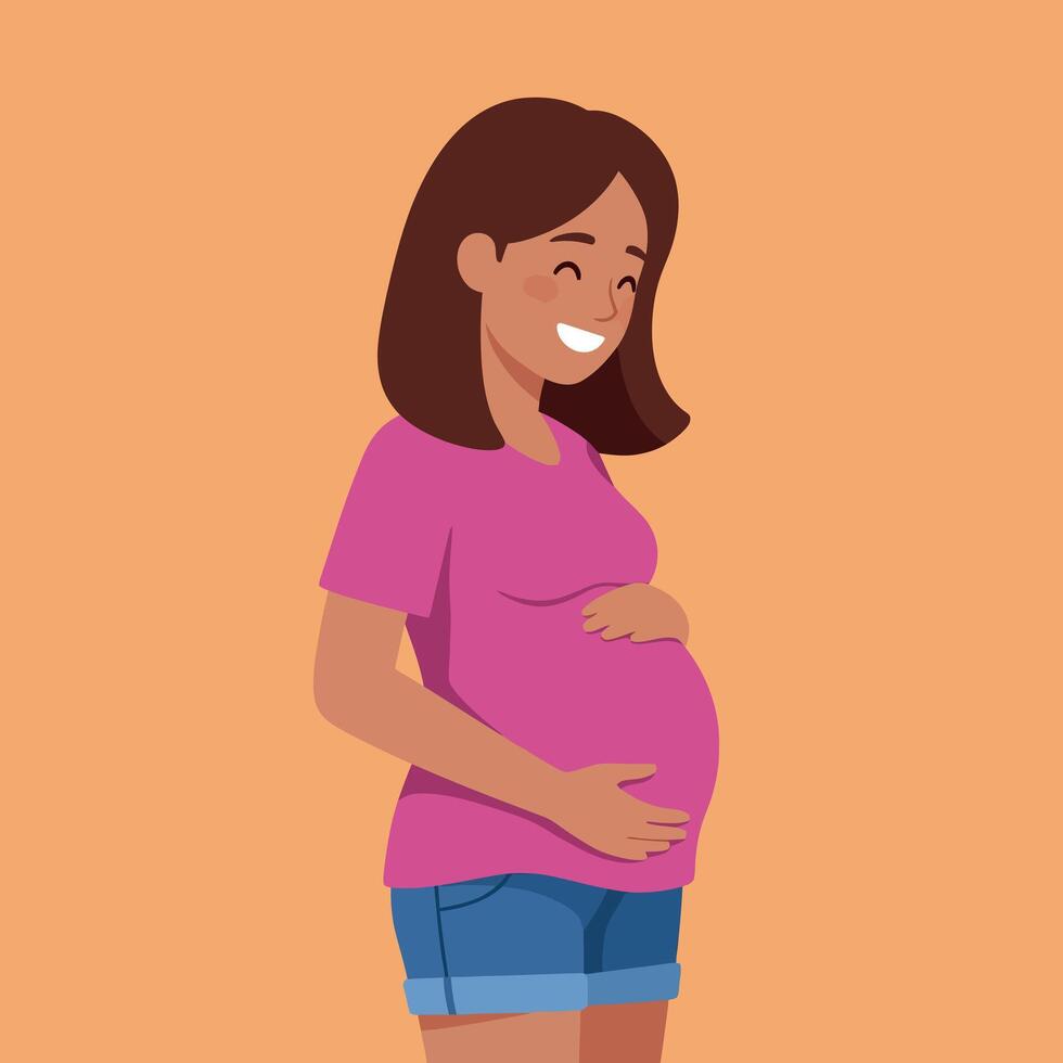 Happy pregnant woman in casual attire smiling joyfully against a warm background in flat art vector