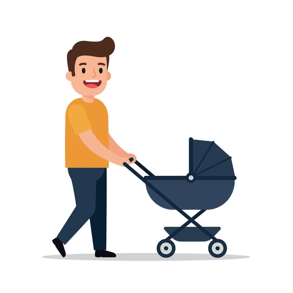 Happy father pushing a stroller in a bright and cheerful flat illustration vector