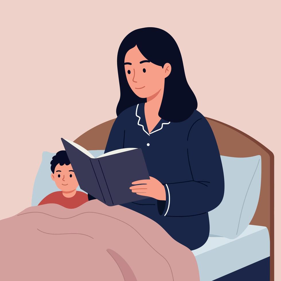 A mother reading a bedtime story to her child in a cozy bedroom, flat art vector