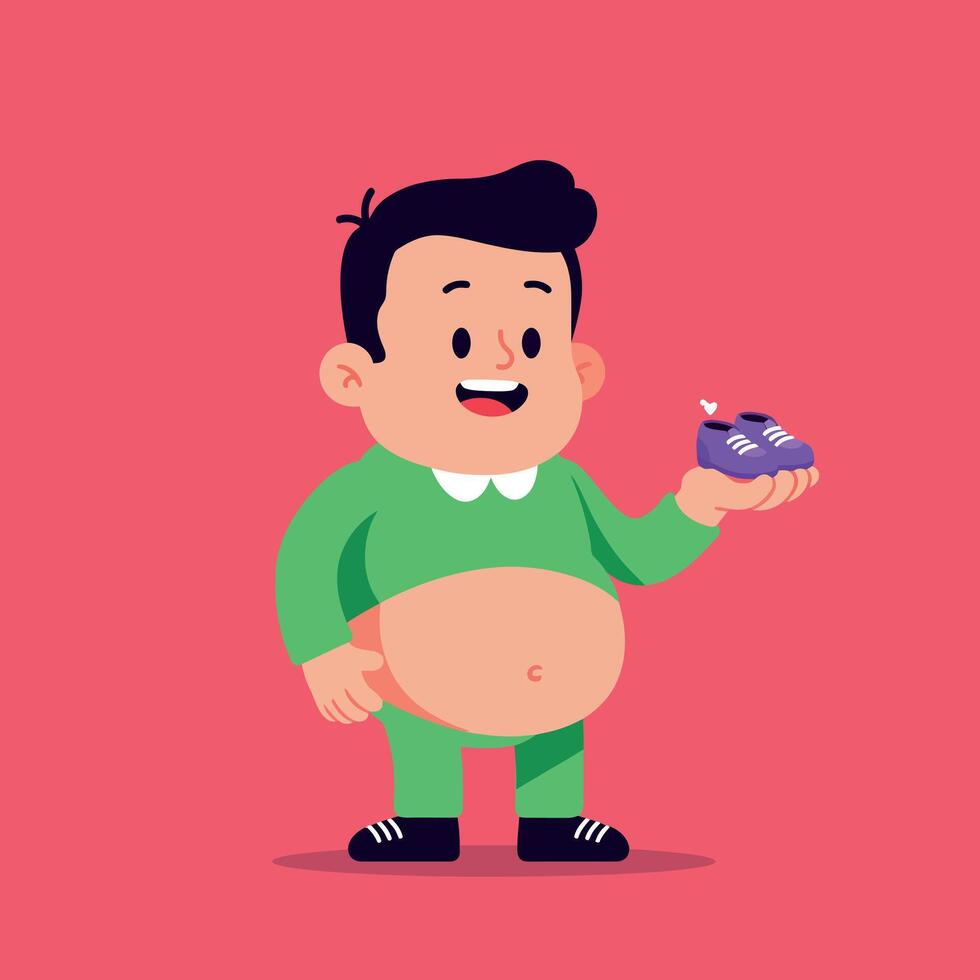 Happy chubby boy in green outfit holding purple cupcake in flat art vector