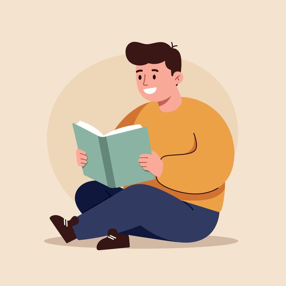 Young man sitting cross-legged on the floor, reading a book in a flat illustration vector