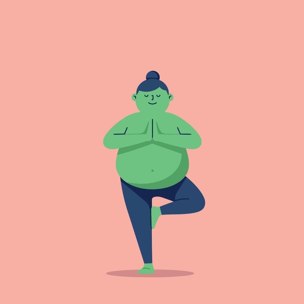 A joyful person practicing yoga in a tree pose with a minimal and colorful design style illustration vector