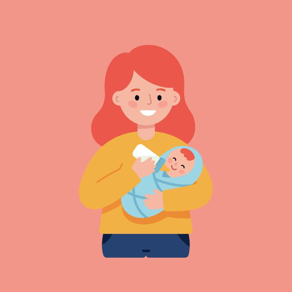 A smiling woman holding a baby in a blue blanket, minimal flat illustration vector