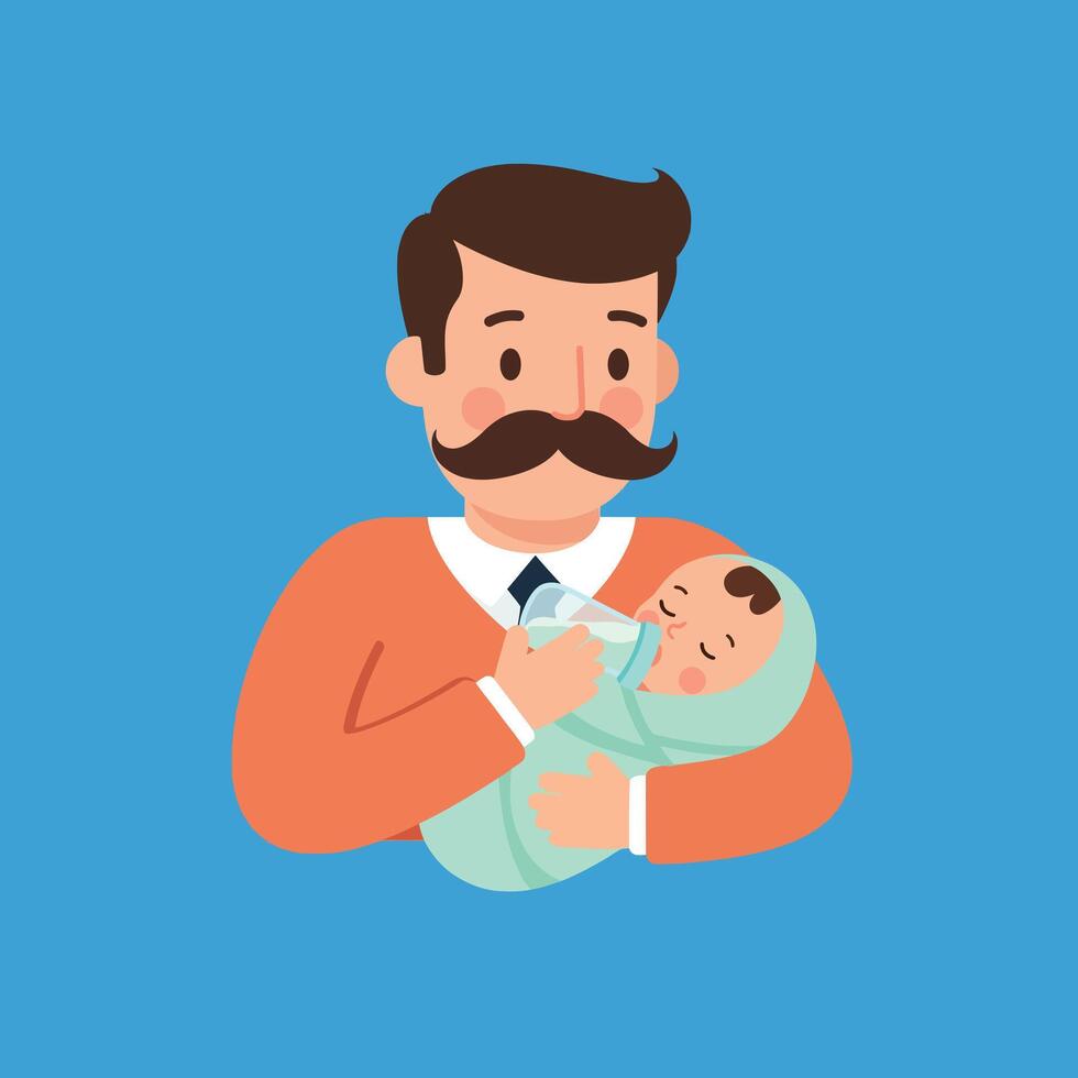 Father holding a swaddled baby in a cozy gesture, flat illustration vector