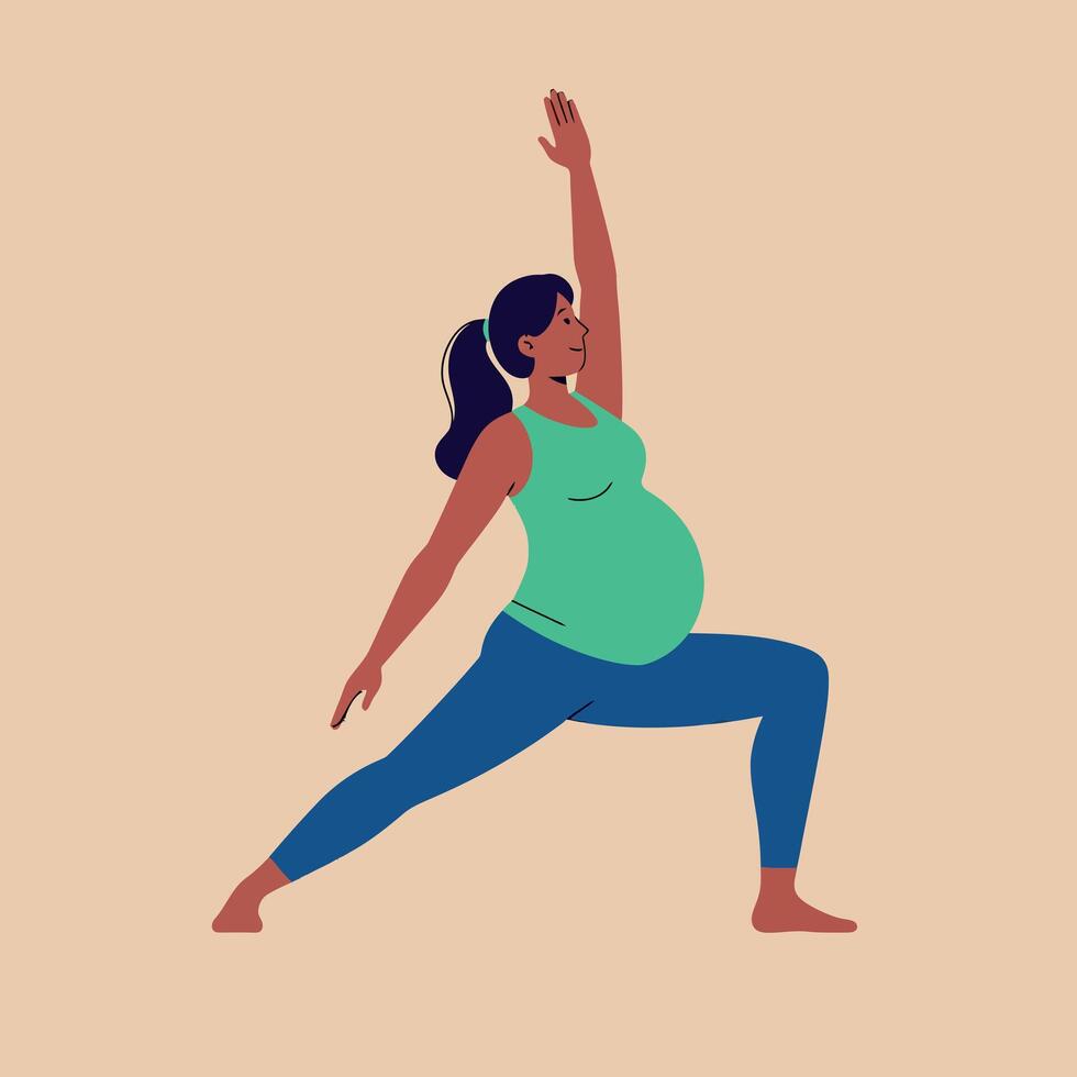 Pregnant woman practicing yoga in warrior pose, minimal style illustration vector