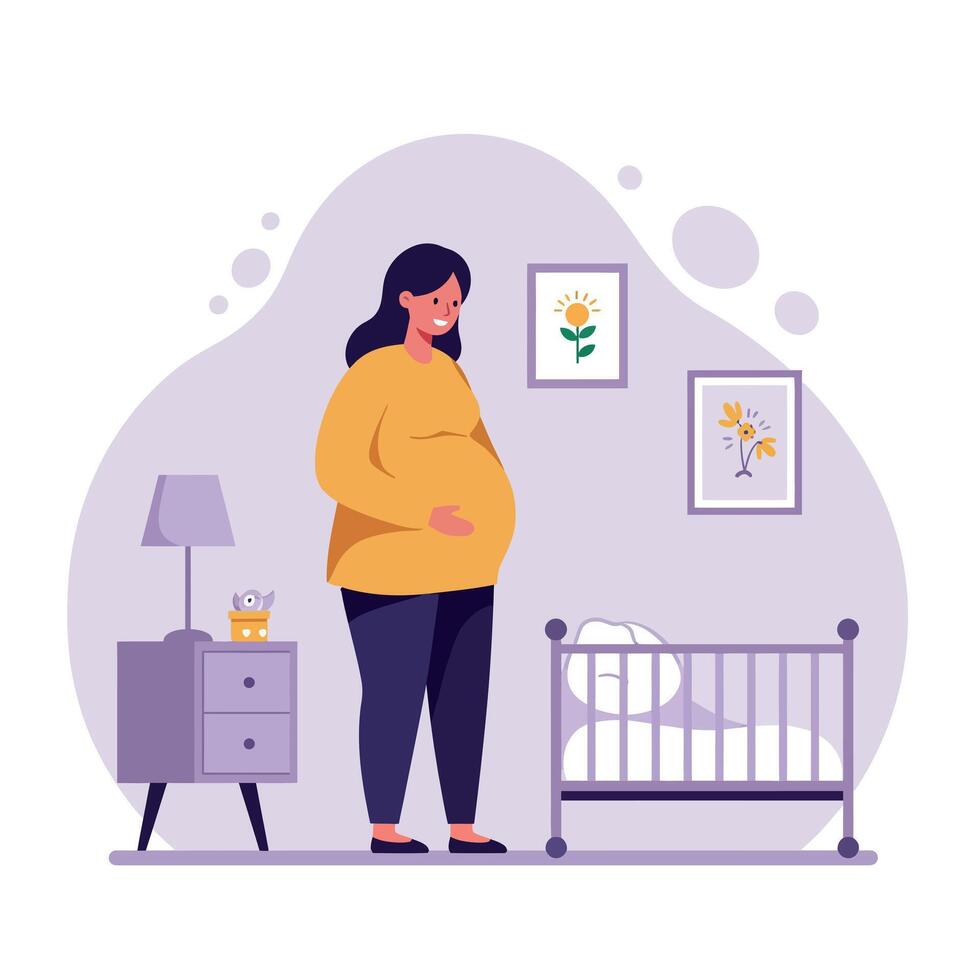 Pregnant woman standing next to a crib in a cozy minimalist nursery illustration vector