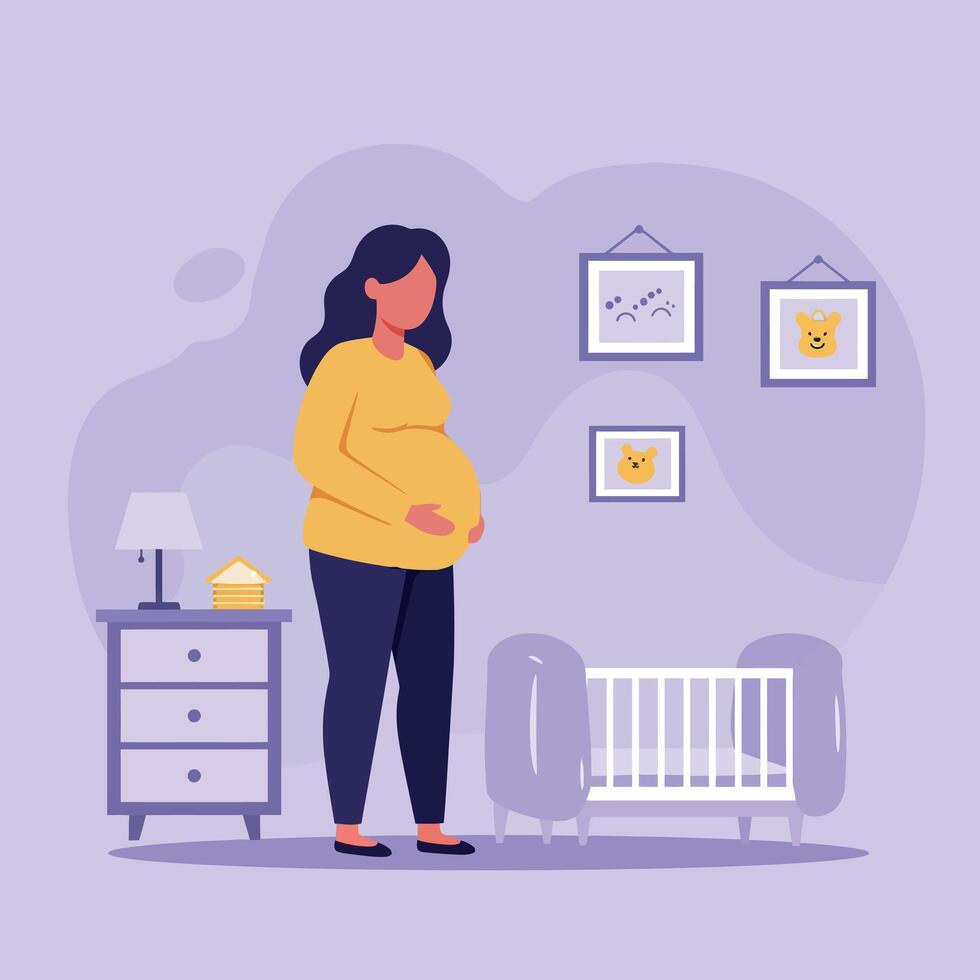 Pregnant woman in cozy nursery with crib and framed art in flat illustration vector