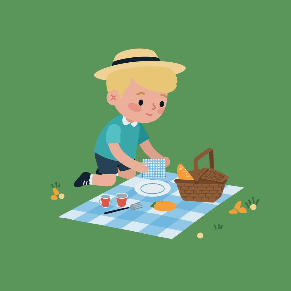 A cheerful boy setting up a picnic on a blue checkered blanket in a flat art style vector